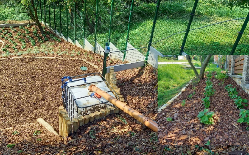 Bakonybél – meredek rézsűfelületen virágzó évelőágyak, automata öntözőrendszerrel